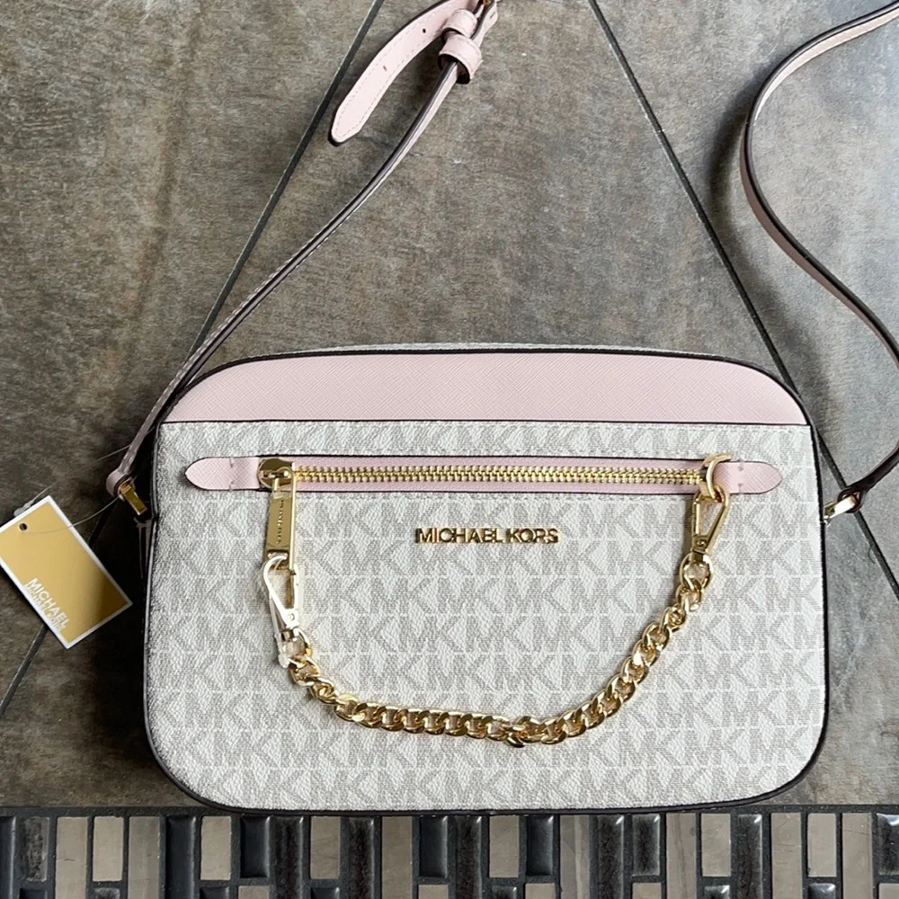 MICHAEL KORS LARGE EAST WEST ZIP CHAIN XBODY POWDER BLUSH MULTI - Picture 1 of 16